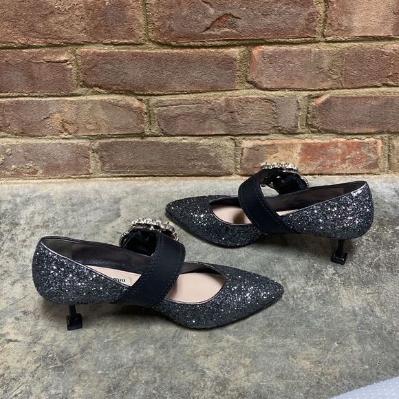Miu Miu Glitter Jeweled Buckle Pointed Toe Pump Size 37.5 - Picture 6 of 10